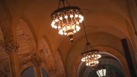 Interior Shots of Boston Public Library Historic Stairs Lion Statue Architecture Stock Footage 327384746