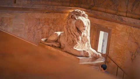 Interior Shots of Boston Public Library Historic Stairs Lion Statue Architecture Stock Footage 327384986