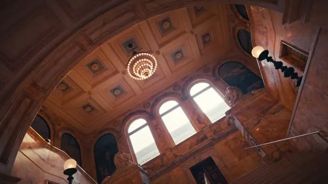 Interior Shots of Boston Public Library Historic Stairs Lion Statue Architecture Stock Footage 327385091