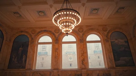 Interior Shots of Boston Public Library Historic Stairs Lion Statue Architecture Stock Footage 327385106