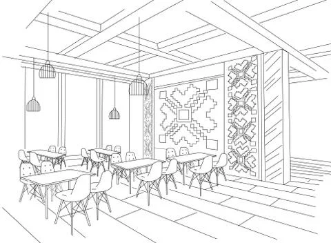 Interior sketch of Moldavian restaurant interior Stock Illustration