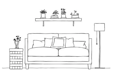 Interior in sketch style. Sofa, bedside table, floor lamp Stock Illustration