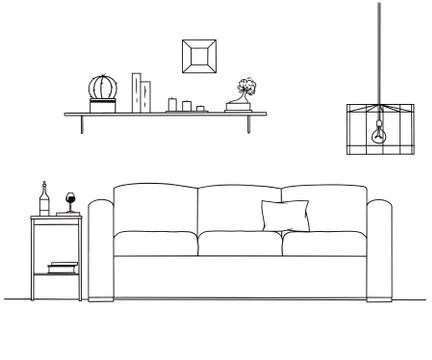 Interior in sketch style. Sofa, bedside table, lamp and shelf with plants. Stock Illustration