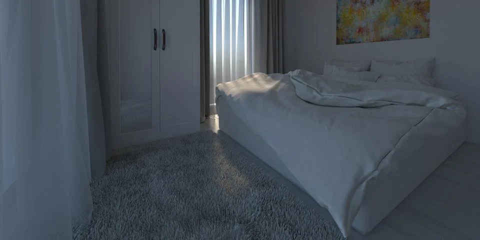 The interior of a small bedroom in the early morning with natural light in a Stock Photos