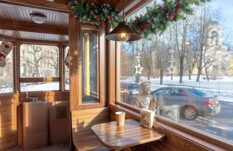 In interior of the small cafe-tram. Vyborg. Leningrad Region. Russia Stock Photos