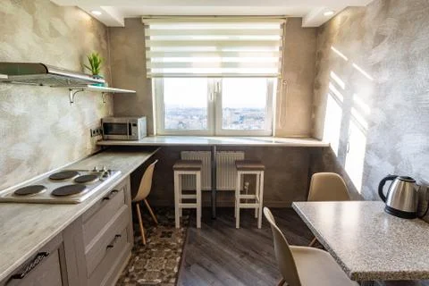 The interior of a small dining room in the hostel Stock Photos