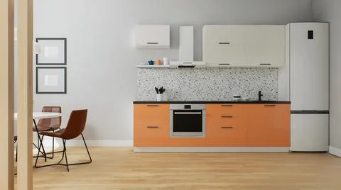 The interior of a small kitchen, orange bottom white top. 3D rendering. Illustrazione stock