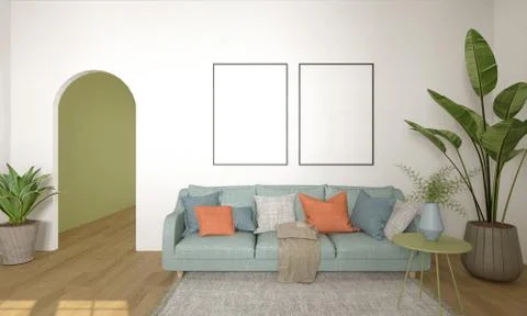 Interior with Sofa and empty frame of picture,3d illustration,3d Rendering. Stock Illustration
