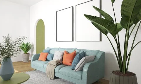 Interior with Sofa and empty frame of picture,3d illustration,3d Rendering. Stock Illustration