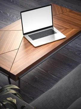 Interior with sofa, coffe table and laptop. 3d rendering Stock Illustration