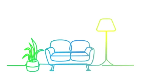 Interior, sofa, couch and floor lamp outline self drawing animation. Line art. Stock Footage 235966703