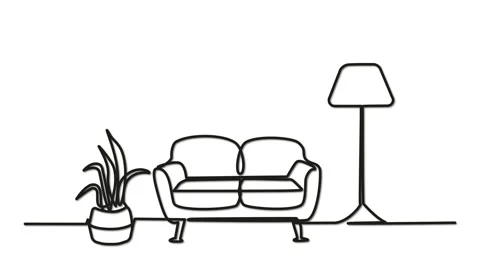 Interior, sofa, couch and floor lamp outline self drawing animation. Line art. Stock Footage 235966704