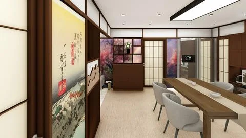 Interior space Design of a Japandi style dining room with shoji screens Stock Illustration