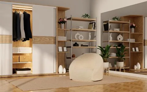Interior space with innovative wardrobe design and cozy seating arrangement. 3D Stock Illustration