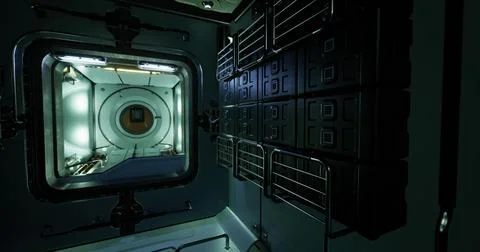 Interior of a space module with storage and viewing portal at night Ilustración de archivo