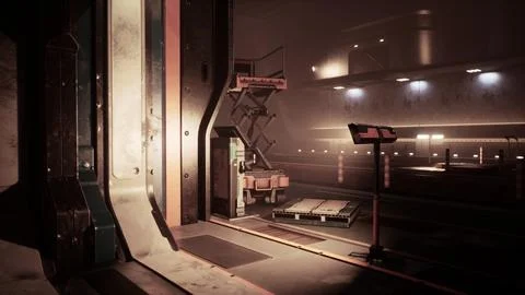Interior of a space station featuring metal walls and dimmed illumination 스톡 일러스트