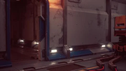 The interior of a space station featuring metal walls and dim light 스톡 일러스트