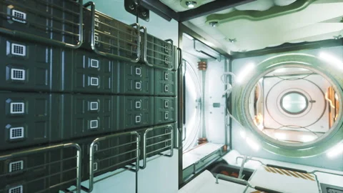Interior of a space station showing sleeping quarters and docking area in orbit Stock Footage 310931496