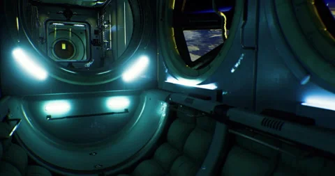 Interior of a spacecraft showcasing views of Earth from space at night Stock Footage 323699026