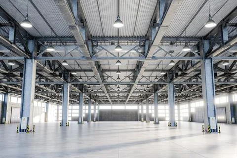 Interior of spacious industrial facility 3d render Ilustración de archivo