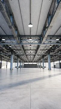 Interior of spacious industrial facility 3d render Ilustración de archivo