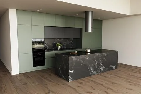 Interior of spacious modern green kitchen with light beige walls. Dark brown Stock-Illustration