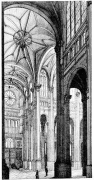 Interior of St. Eustache, vintage engraving. 库存插图