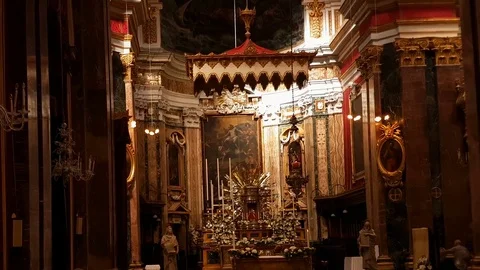 Interior of St. Paul's Cathedral or the Mdina Cathedral, a Roman Catholic Stock Footage 77574971