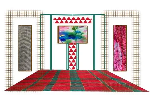 Interior Stage Design Sketch with Plaid Floor and Wall Artwork Stock Illustration