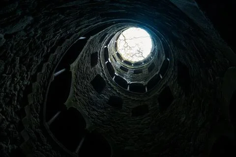 Interior of stone wall from below with opening to outside in Sintra, Portugal Stock Photos