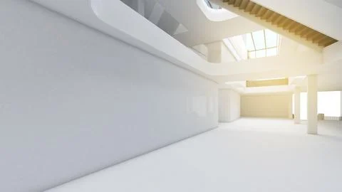 The interior structure of the building features a large, modern, white hall.. Stock Illustration