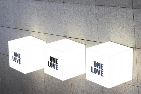 Interior studio design idea template pattern illuminated cubes with text ON.. Foto stock