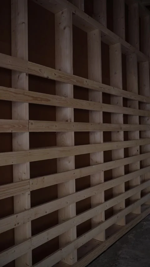 Interior study of unfinished timber grid... | Stock Video | Pond5