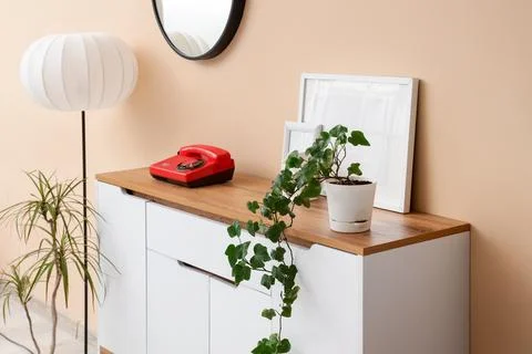 Interior of stylish room with commode, lamp and plants Stock Photos
