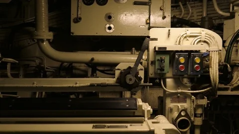 Interior of Submarine with Control Buttons, Levers and Machinery Video stock 116412012