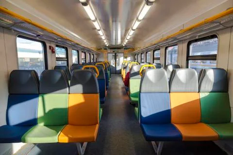 Interior of a suburban train Riga direction. Moscow region, Russia Stock Photos