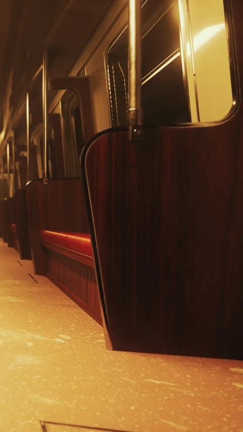 Interior of a subway train during early morning hours with empty seats Stock Footage 338420202
