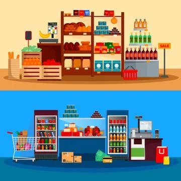 Interior Of Supermarket Banners Illustration