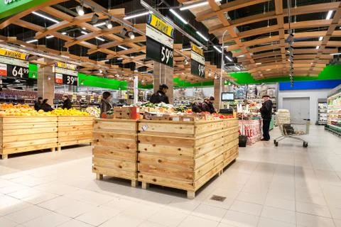 Interior of the supermarket Lenta. One of largest retailer in Russia Stock Photos