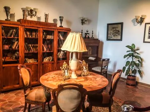 Interior, table, lamp, bookcase Stock Photos