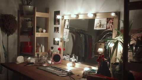 Interior of Theatre Dressing Room with Vanity Desk Stock Footage 272586431