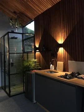 Interior of a tiny house at night Stock Photos