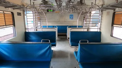 Interior of totally empty Mumbai local train during Coronavirus Covid19 Pandemic Stock Footage 150544283