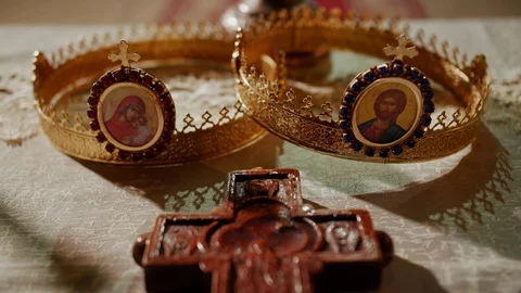 Interior of a traditional Orthodox Church - Tradional wedding crowns Stock Footage