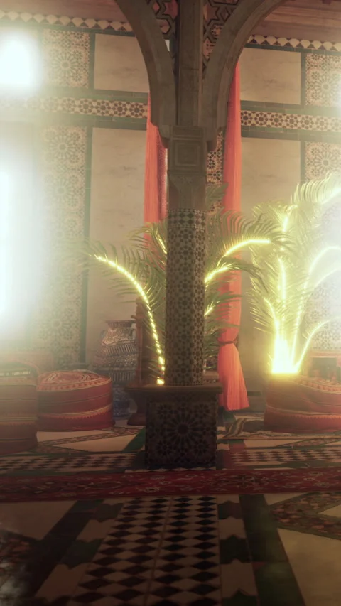 Interior of a traditional room with patterned tiles and a palm plant Stock Footage 343154588
