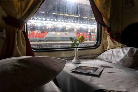 Interior of the train inside the sleeping car. Stock Photos
