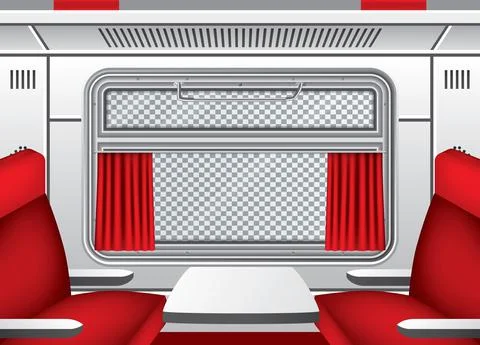 Interior of Train Wagon with Window, Red Curtains and Seats with Table. Train Stock Illustration
