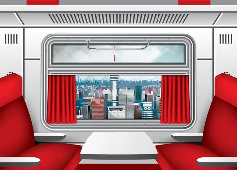 Interior of Train Wagon with Window, Red Curtains and Seats with Table. City  Illustrazione stock