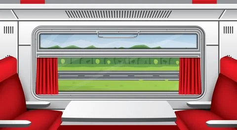 Interior of Train Wagon with Window, Red Curtains and Seats with Table. Road  Stock Illustration