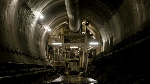 Interior Tunnel Construction Men Getting Out of Vehicle Stock Footage 89980681